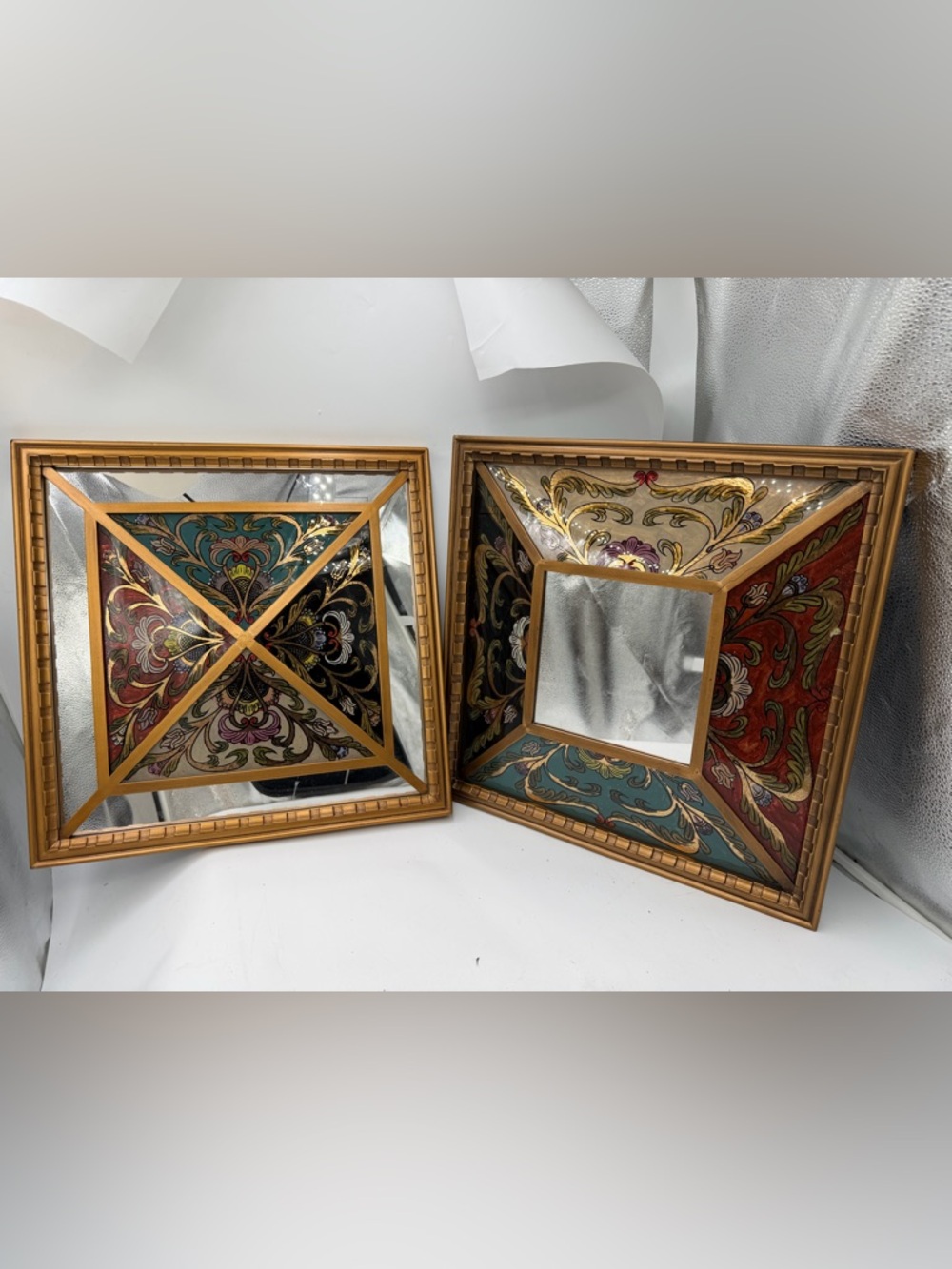 2 Reverse Hand painted~Wall Mirror~Peruvian~ 16”x16”,